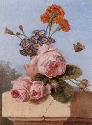 unknow artist Still life of roses,carnations and polyanthers in a terracotta urn,upon a stone ledge,together with a tortoiseshell butterfly Sweden oil painting artist